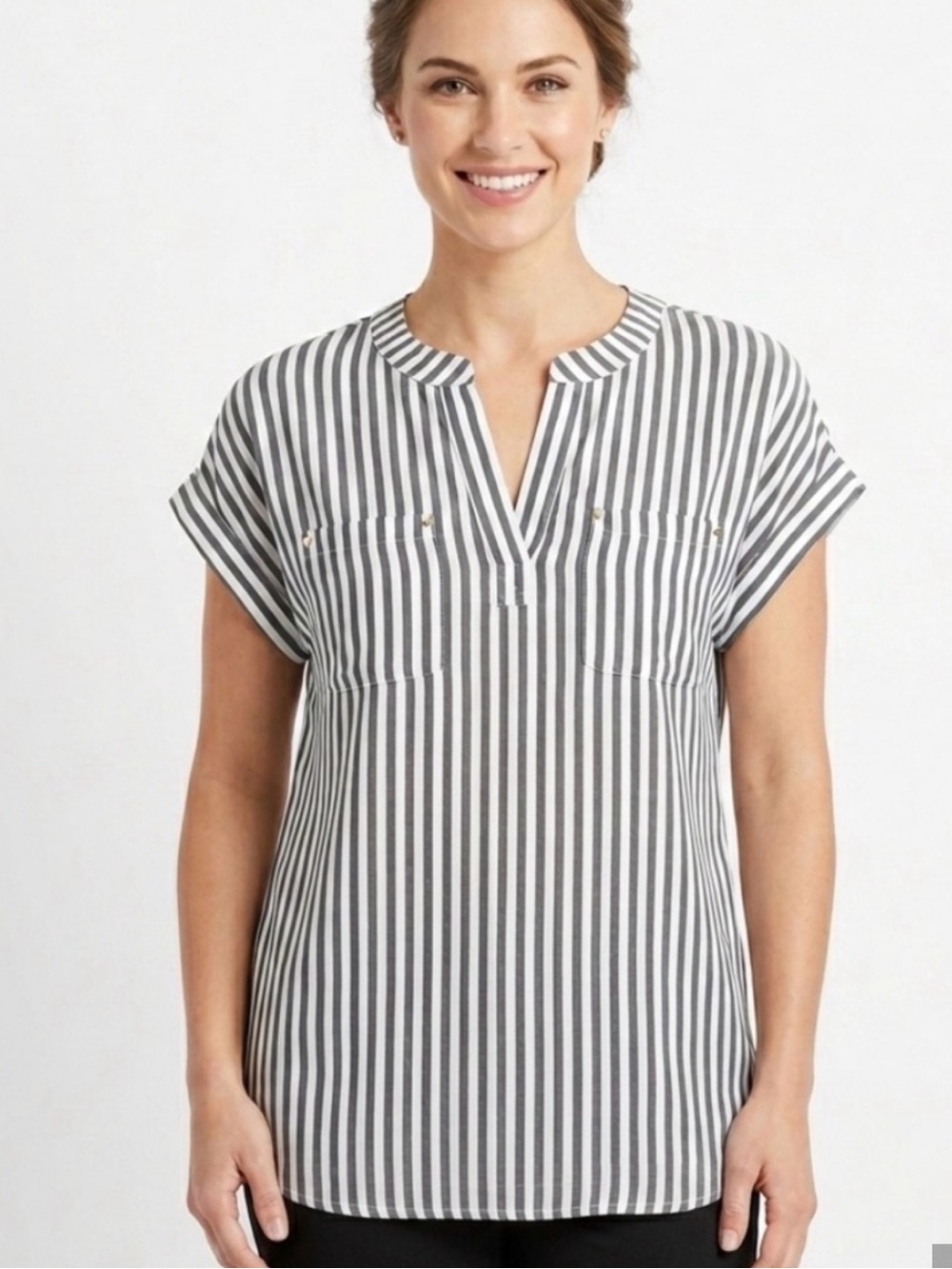 Jones New York Black and White Vertical Stripe Tunic